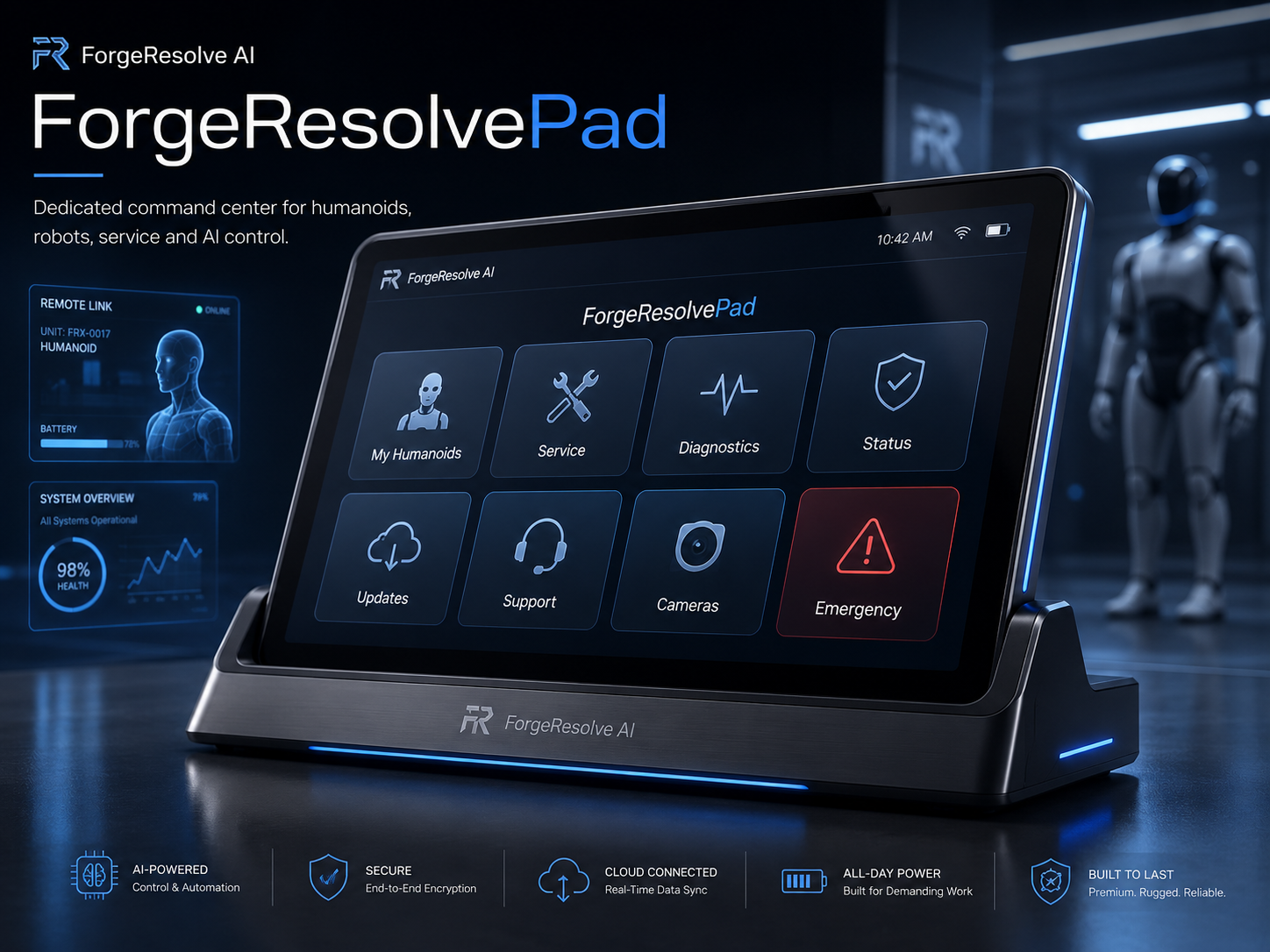 ForgeResolvePad command center for humanoids, robots, service, diagnostics and AI control